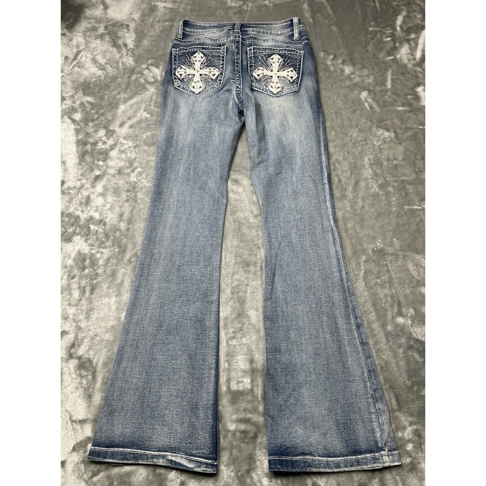 Love Soho Jeans Womens Size 1 Blue Flare Bootcut Thick Stitching‎ Rhinestones